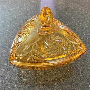 Mid Century Hazel Atlas Amber Glass Triangle Shaped Candy Dish With Lid